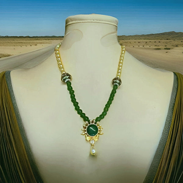 Regal Peacocks in Green Onyx with Golden Pearl Necklace