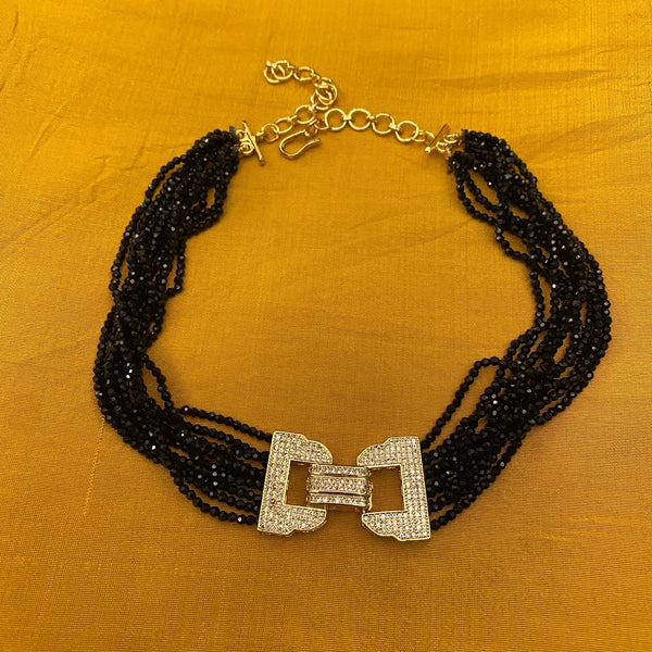 Blissful Black Crystal Studded Pendant Choker Necklace Set