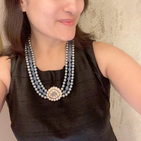Waves of Ocean Blue with Kundan and Silver Pearl Necklace Set