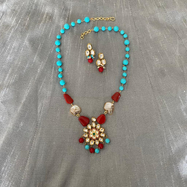 Charming Turquoise with Red Gemstone MOP Kundan Necklace Set