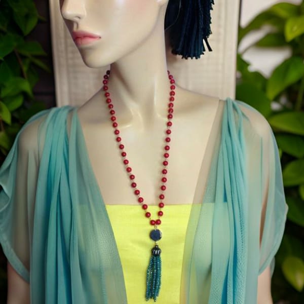 Charismatic Cherry Red Corals and Aquamarine Green Tassel Necklace