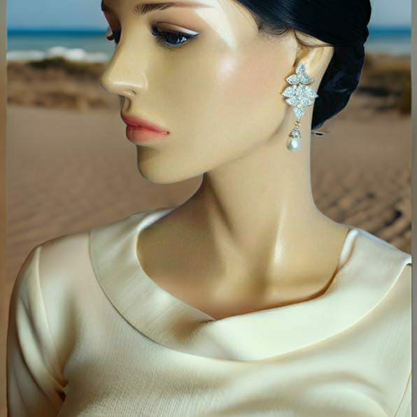 White and Gold Tripartite Pearl Dangler Earrings