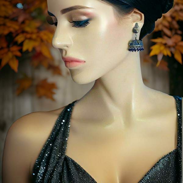 Dancing Peacock in Blue Enamel and Royal Elephant Jhumka Earrings