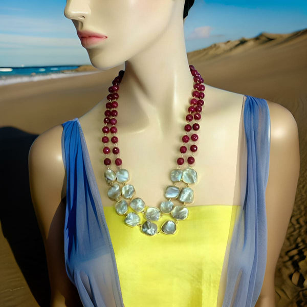 Marron Gemstone With Mother Of Pearl Necklace Set