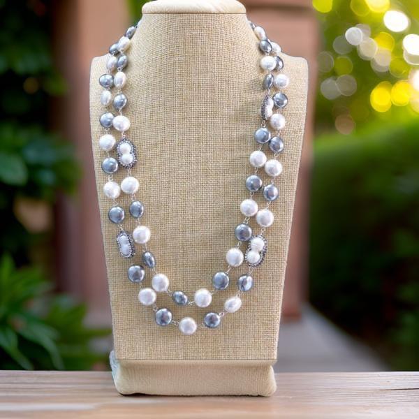 2 Stranded Silver Shell Pearl And Freshwater Pearl Necklace