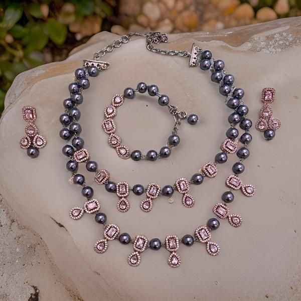 Captivating zircons Grey Pearls Necklace Bracelet Set
