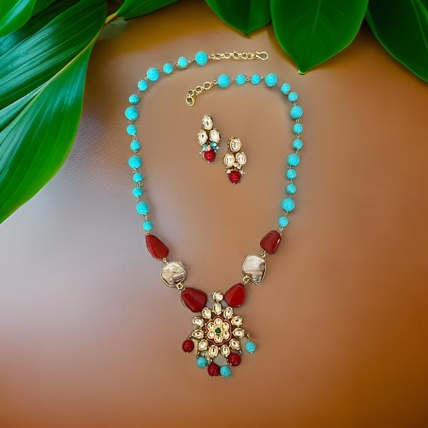 Charming Turquoise with Red Gemstone MOP Kundan Necklace Set
