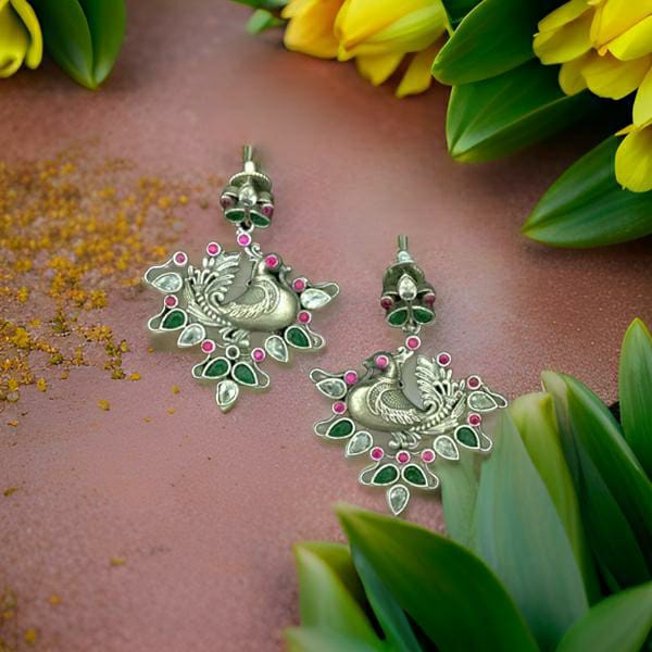 Ravishing Ruby Pink with Emerald Green Oxidized Earrings