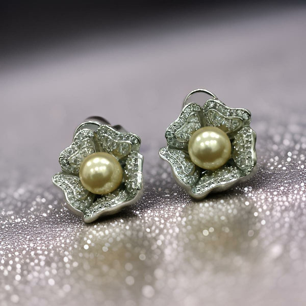 Charming Golden Pearl in Floweret Crystal Stud Earrings