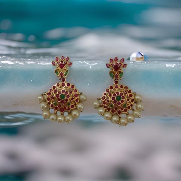 Gorgeous Gold Plating With Gemstones And Pearls Earrings