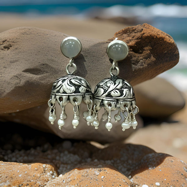 Moonstone Stud Black 925 Silver Overlay Jhumki Earrings