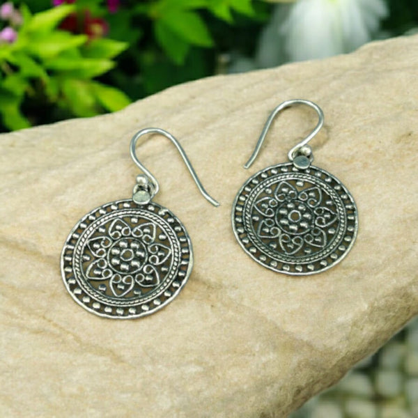 Round Ethnic Silver Drop Earrings