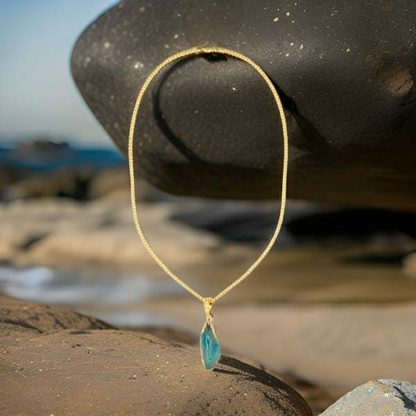 Teal Blue Agate Stone Chain Pendant Necklace