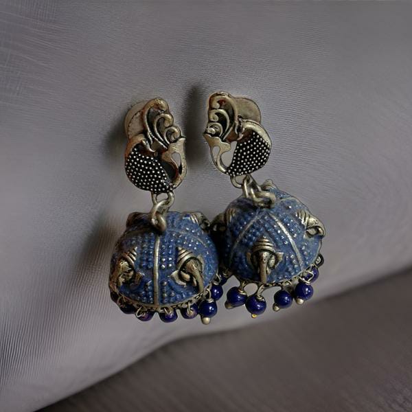 Dancing Peacock in Blue Enamel and Royal Elephant Jhumka Earrings