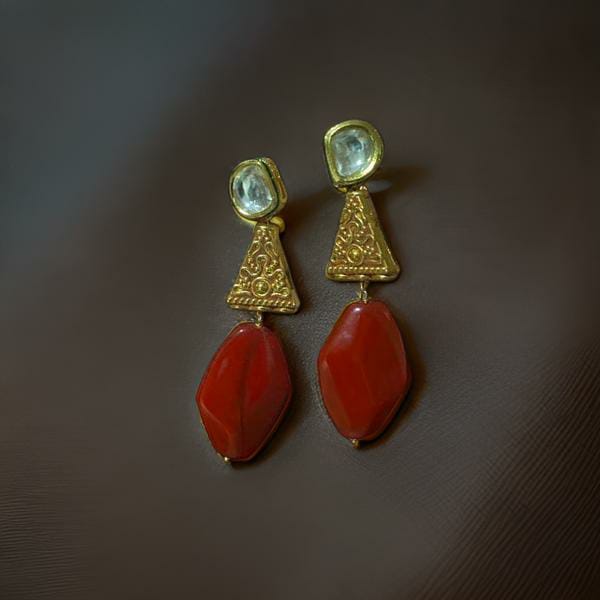 Fancy Red and Hand Carved Golden Beads with Kundan Earrings
