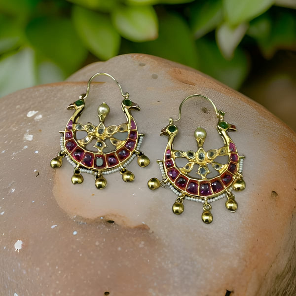 Pink and Green Peacock Faces Chandbali Earrings