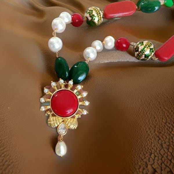 Regal Peacocks in Green Red with White Pearl Necklace