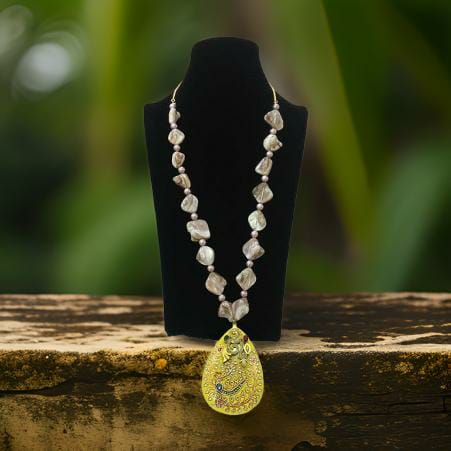 Charismatic MOP with Yellow Heavily hand-worked Stone Pendant Necklace