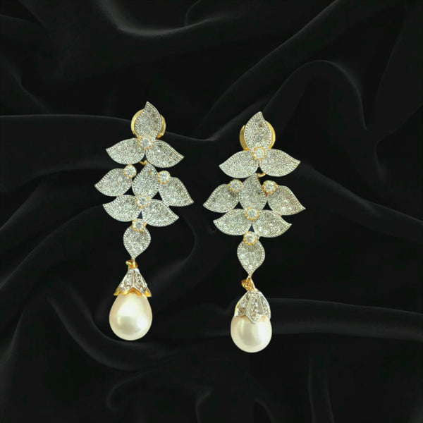 White and Gold Tripartite Pearl Dangler Earrings