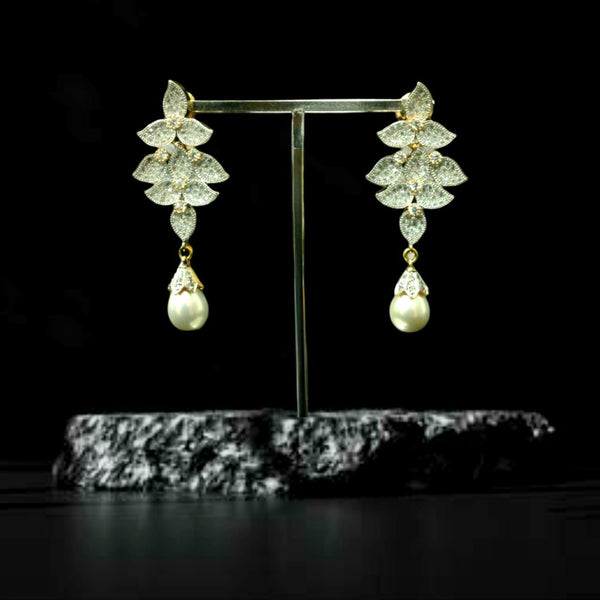 White and Gold Tripartite Pearl Dangler Earrings