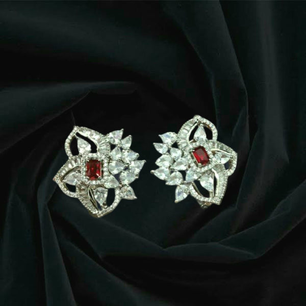 Spherical Floret Ruby Red Stone With Crystal Stud Earrings