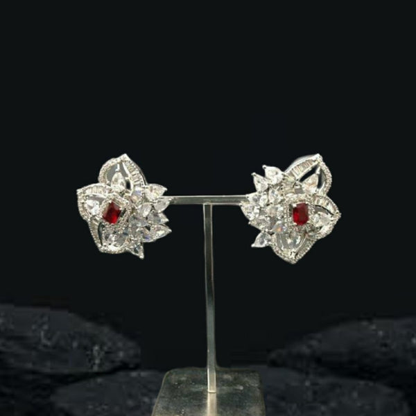 Spherical Floret Ruby Red Stone With Crystal Stud Earrings
