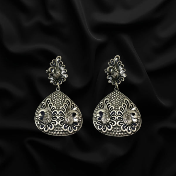 Twin Peacock Long Real Silver Earrings