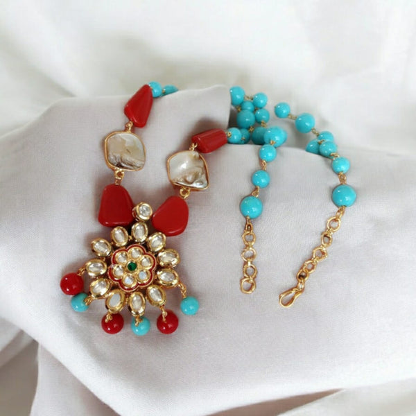 Charming Turquoise with Red Gemstone MOP Kundan Necklace Set