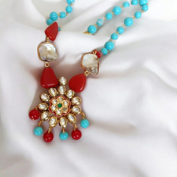 Charming Turquoise with Red Gemstone MOP Kundan Necklace Set