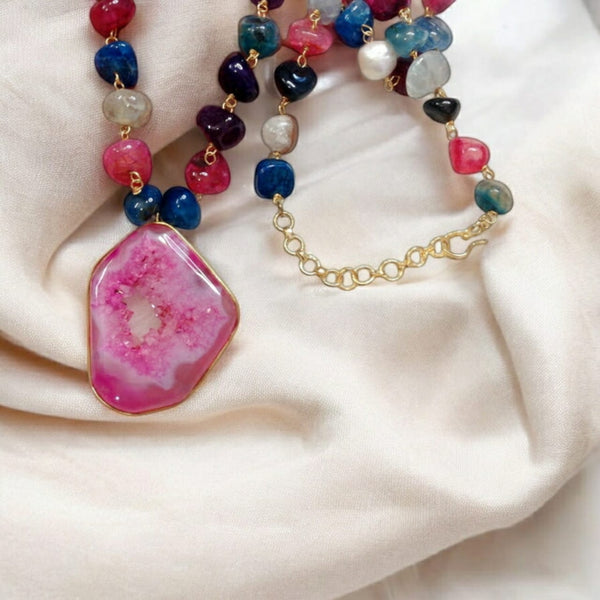Bold Baroque Pearl With Druzy Pendant Multicolor Gemstones Necklace