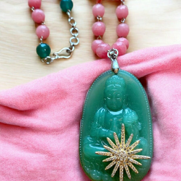 Periwinkle Pink Enlighted Buddha Green Pendant Necklace