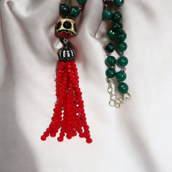 Gorgeous Green Gems with Beaded Red Tassel Necklace