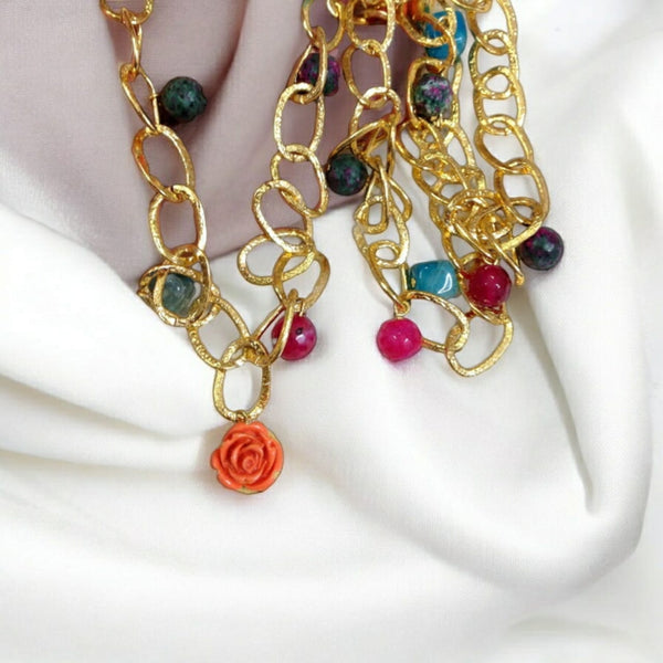 Delicious Multicolored Gemstone Chain Rose Coral Necklace