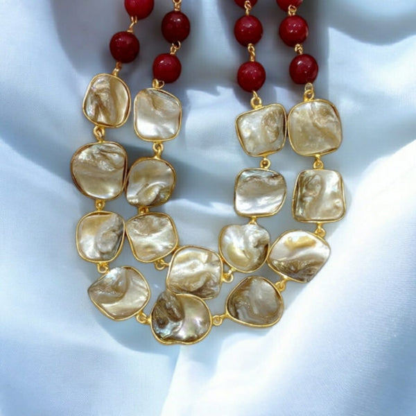 Marron Gemstone With Mother Of Pearl Necklace Set