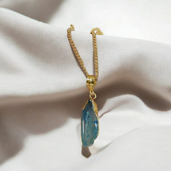 Teal Blue Agate Stone Chain Pendant Necklace