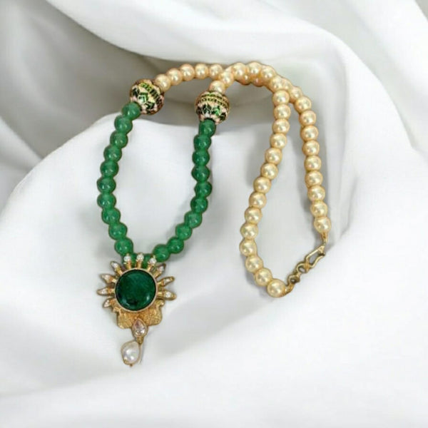Regal Peacocks in Green Onyx with Golden Pearl Necklace