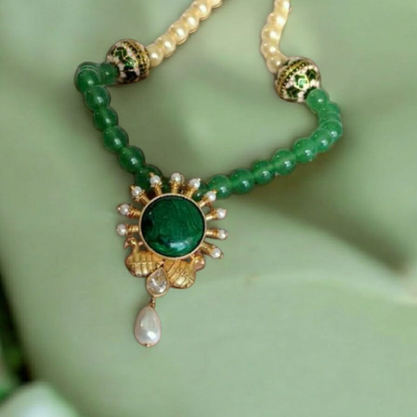 Regal Peacocks in Green Onyx with Golden Pearl Necklace