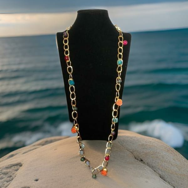 Delicious Multicolored Gemstone Chain Rose Coral Necklace