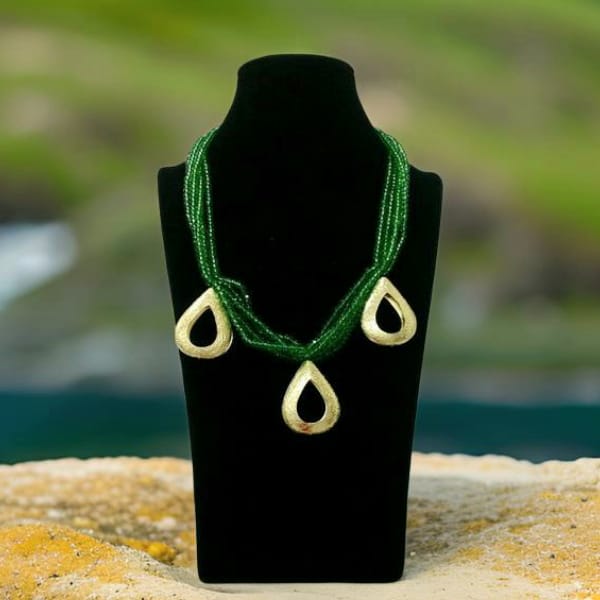 Parakeet Green Beads Golden Droplet Pendant Necklace