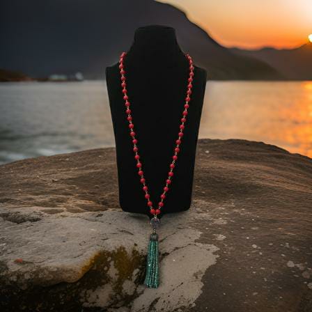 Charismatic Cherry Red Corals and Aquamarine Green Tassel Necklace