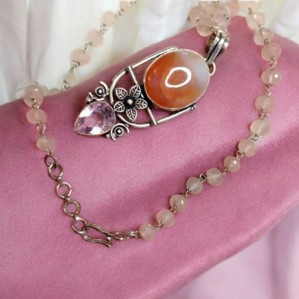 Ravishing Rose Quartz Beads Tangerine Pendant Necklace