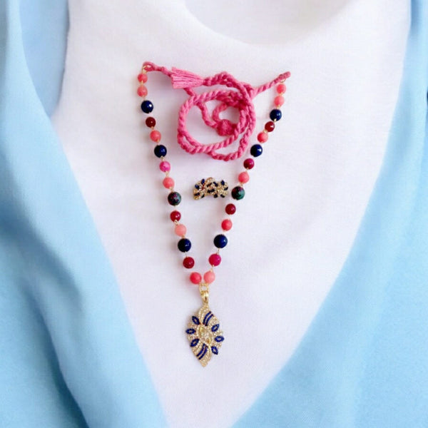 Luminent Shades of Pink with Blue Zircon Studded Pendant Necklace Set