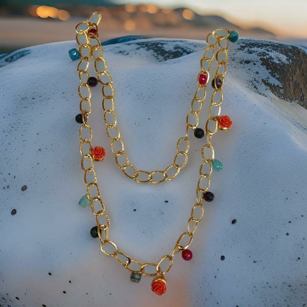 Delicious Multicolored Gemstone Chain Rose Coral Necklace