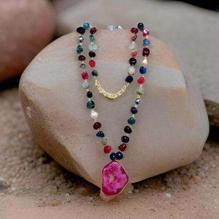 Bold Baroque Pearl With Druzy Pendant Multicolor Gemstones Necklace