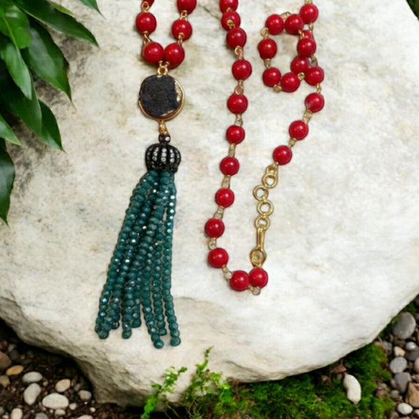 Charismatic Cherry Red Corals and Aquamarine Green Tassel Necklace