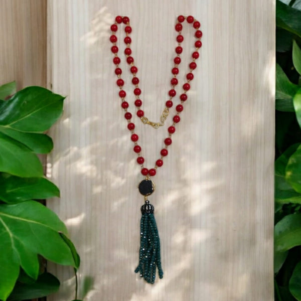 Charismatic Cherry Red Corals and Aquamarine Green Tassel Necklace
