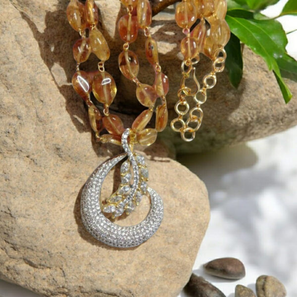 Charming Citrine with Crescent Zircon Pendant Necklace Set