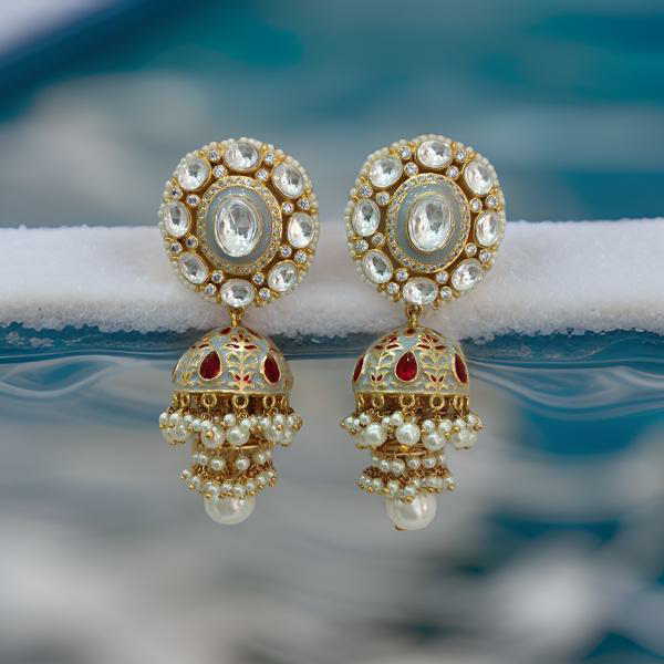 Glorious Grey Meenakari Kundan Pearl Jhumka Earrings