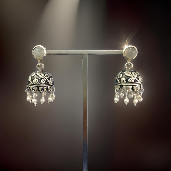Moonstone Stud Black 925 Silver Overlay Jhumki Earrings