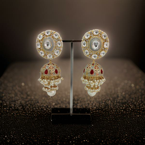 Glorious Grey Meenakari Kundan Pearl Jhumka Earrings